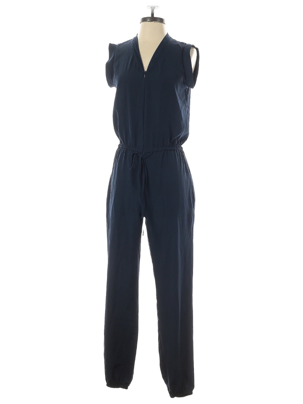Aqua Navy Sleeveless Zip-Front Drawstring Jumpsuit